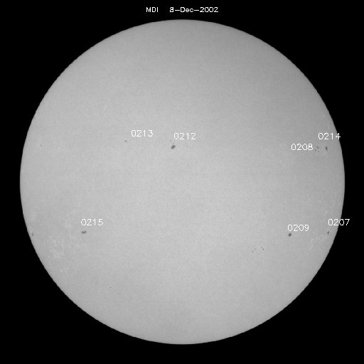 Vollstndiges Sonnenbild des SOHO Satelliten mit Fleckennummern vom 8.12.2002